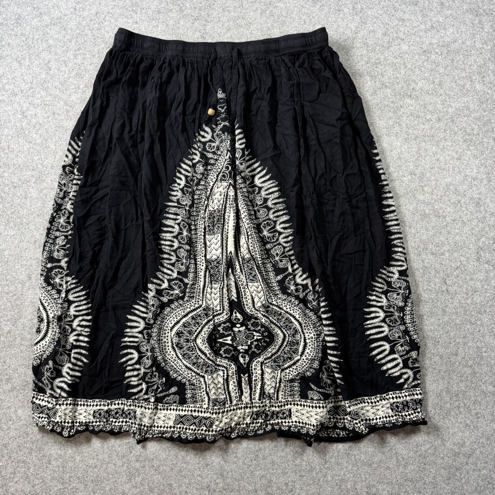 Gypsy 05 Womens Boho Print Midi Skirt XL Black White Rayon Drawstring Waist